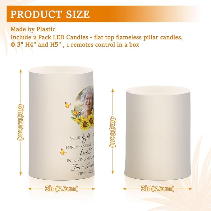 Vdsrup Flameless Candles Set of 2 Memorial Custom LED Candles with Timer Battery Operated Sunflower Candle Lights Flickering with Remote for Home Bedroom Decor