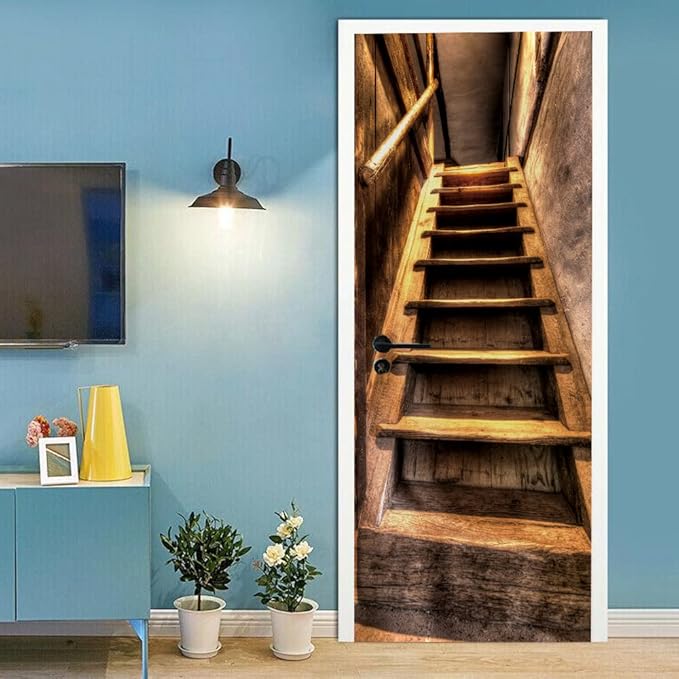 3D Peel and Stick Murals - Wooden Stairs - Wallpaper Decals - Removable PVC Waterproof Door Poster for Bedroom & Living Room - 30.3 x 78.7 inch