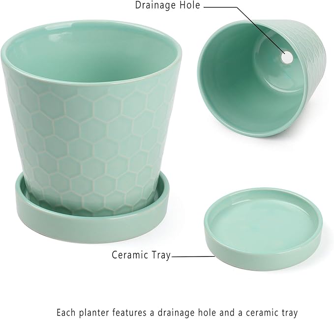 Plant Pots Indoor –5 in Ceramic Flower Pot with Drainage Hole and Ceramic Tray - Gardening Home Desktop Office Windowsill Decoration Gift, Set of 4 - Plants Not Included(Mint Green)