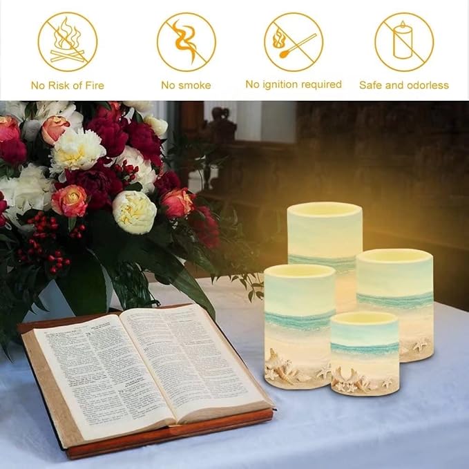 Beach Starfish Flameless Light Candles with 4H 8H Timer, Battery Operated Candles with 18-Key Remote Flickering Smokeless Pillar Candles-4PCS