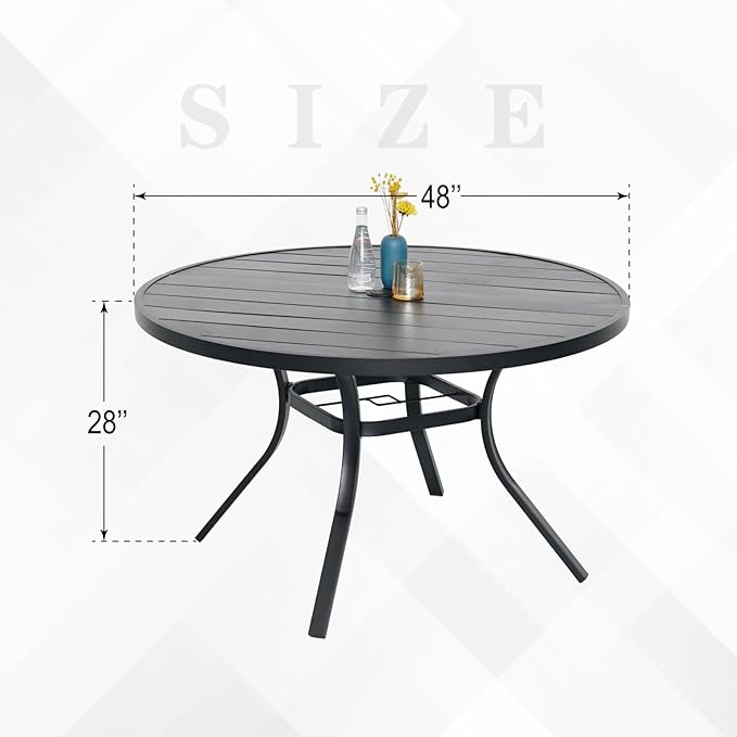 Round Outdoor Dining Table, 48-inch All-Weather Patio Table with Adjustable Umbrella Hole for Deck Lawn Garden Backyard Balcony Deck, Black Metal Frame Slatted Tabletop