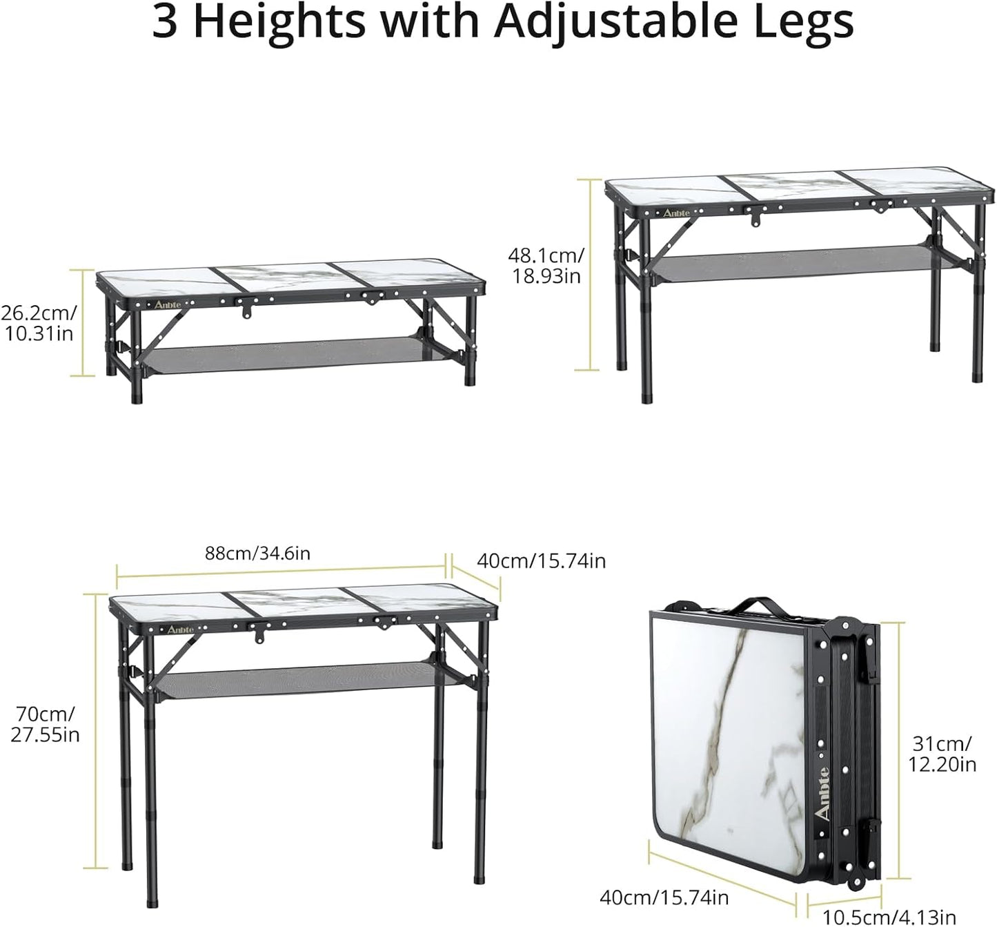 Folding Camping Table, Aluminum Small Folding Table 3 Adjustable Height Max 27.5", Portable Table with Carry Handle, Lightweight, for Outdoor Indoor Travel Camping Picnic BBQ, 34.6" x 15.7"