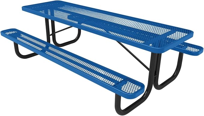 Coated Outdoor Furniture Heavy-Duty Portable Outdoor Picnic Table, Thermoplastic Coated Expanded Metal Commercial-Grade Patio Dining Furniture Made in America (8ft Rectangular, Textured Light Blue)