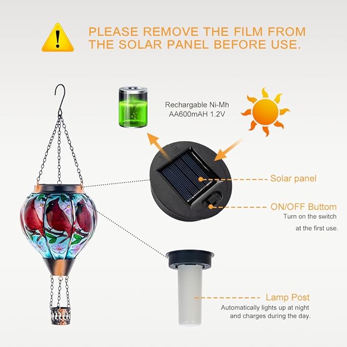 DREAMSOUL Cardinal Hot Air Balloon Solar Lantern, Hanging Solar Lanterns Outdoor with Flickering Flame Light, Glass Outdoor Lantern Waterproof for Patio Yard Party Gift Decor Christmas Gifts