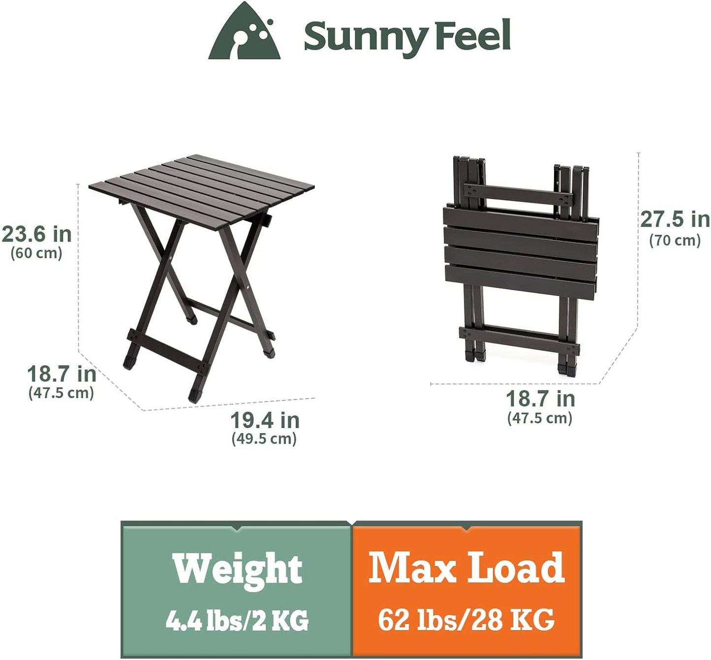 SUNNYFEEL Folding Camping Table - Lightweight Aluminum Portable Picnic Table, 18.5x18.5x24.5 Inch for Cooking, Beach, Hiking, Travel, Fishing, BBQ, Indoor Outdoor Small Foldable Camp Tables