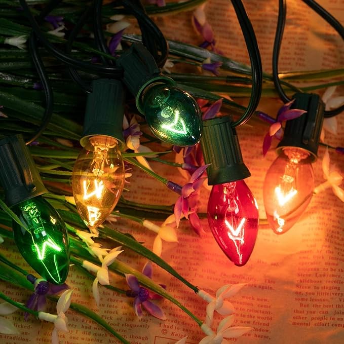 C7 Multicolor Christmas String Lights - 100ft Vintage Christmas Tree Lights, Outdoor Roofline String Lights with 100+4 Spare Bulbs for Patio Garden Holiday Indoor Home Xmas Decoration, Green Wire