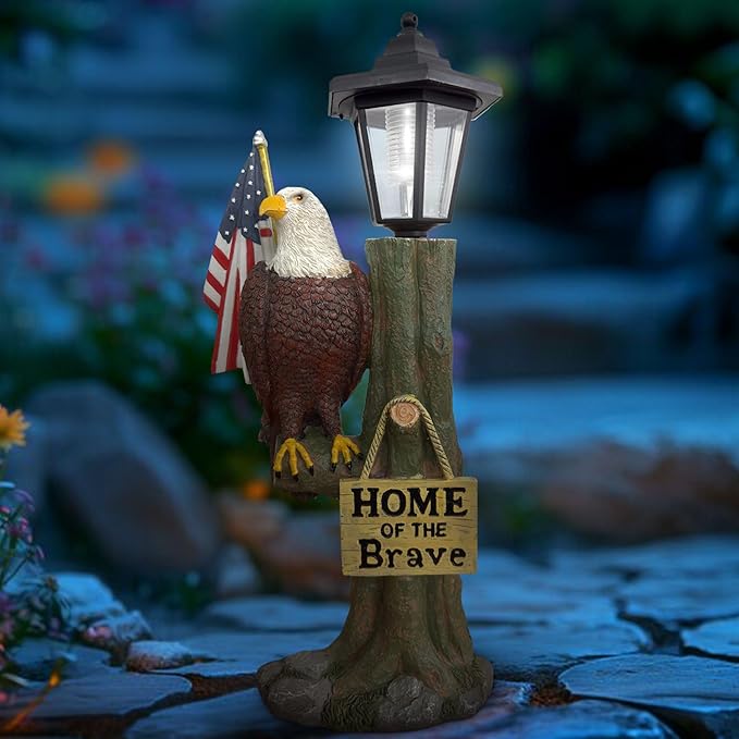 14x6 Inch Eagle Outdoor Solar Statue, Home of The Brave Outdoor Decorative Sculpture, Garden Decoration Outdoor Waterproof, Eagle Statue with American Flag for Patios, Yards, and Gardens