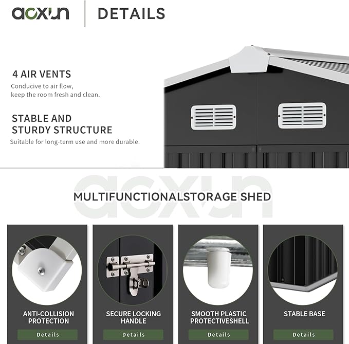 Aoxun 9.4x7.3x6.5 FT Outdoor Storage Shed with Base Outdoor Metal Shed for Tool, Garden, Bike, Placed in Patio, Garden Base Included (Black)