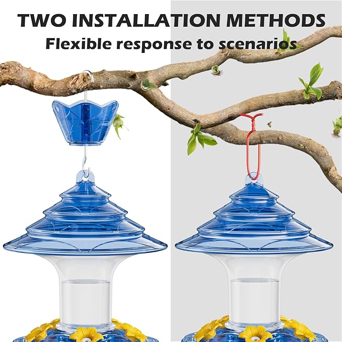 Birdream Hummingbird Feeder for Outdoors Hanging, 20oz Hummingbird Feeders with 5 Bee Guard Feeding Ports & Built-in Ant Moat Brush Leak-Proof for Outside Gifts for Women - Blue