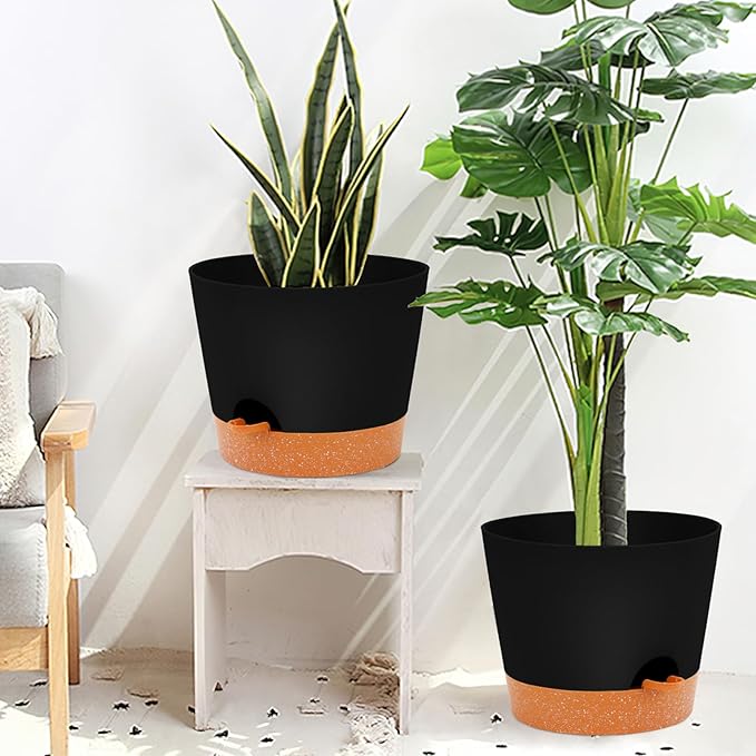 GARDIFE 12 inch Plant Pots, planters,Self Watering Pots, 2 Pack Large Plastic Flower pots with Deep Reservior and High Drainage Holes for Indoor Outdoor Plants and Flowers, Black