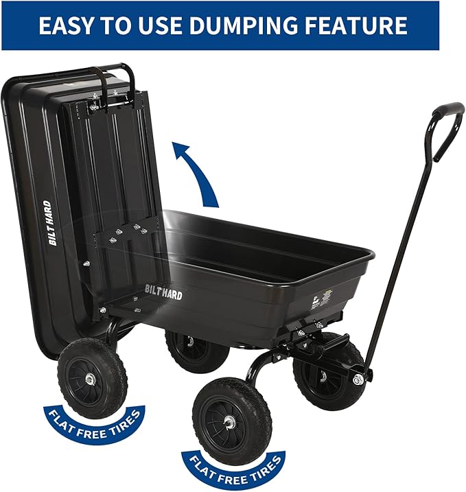 BILT HARD 4 Cu.Ft. 10" No-Flat Tires Poly Yard Dump Cart with 180° Rotating Handle, 600 lbs Capacity Heavy Duty Garden Carts and Wagons