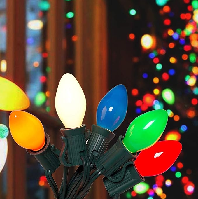 Abeja 25FT Outdoor C7 Multicolor Light, Vintage Christmas String Lights with 27 Multicolor Ceramic Bulbs (2 Spare), Hanging Christmas Lights for Outdoor Xmas Patio Wedding Party Garden Decor