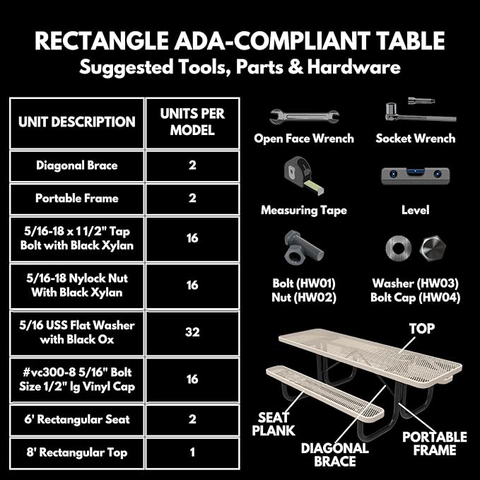 Coated Outdoor Furniture Heavy-Duty Portable ADA-Compliant Outdoor Picnic Table, Punched Steel Patio Dining Furniture Made in America (8ft Rectangular, Both-Side Handicap, Textured Sandstone)