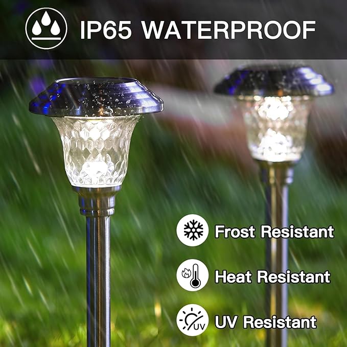Beau Jardin 4 Pack Solar Pathway Lights Outdoor Stainless Steel Lights Solar Powered Waterproof Glass High Lumen Garden Landscape Path Yard Walkway Driveway Outside Color Changing Cool White Silver