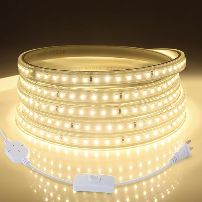 AIMENGTE LED Strip Lights Under Cabinet Lighting, Outdoor Led Lights Waterproof, AC 110V, 600LEDs, 3000k LED Rope Lights for Garden, Lawn, Kitchen Home Decor (16.4ft, Warm White)