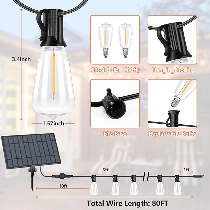 Bosceos Solar Outdoor String Lights Waterproof, 80FT Solar Powered String Lights for Outside with Shatterproof Bulbs, Dimmable ST38 LED Lights String, Patio Hanging Lights for Backyard Garden Party