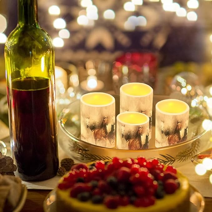 Vintage Running Horse Outdoor Waterproof LED Candles Battery Operated Set of 4 with Timer Remote Colour Changing Pillar Candles for Fall Halloween Decor
