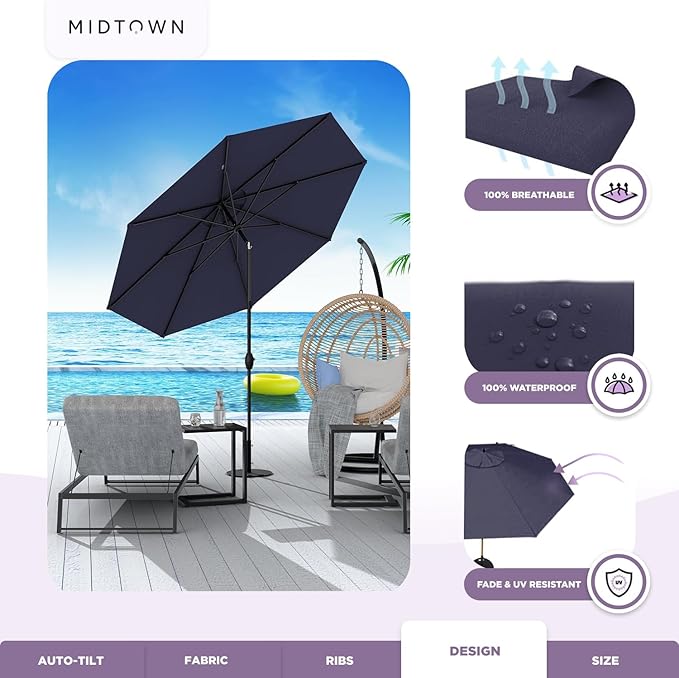 Midtown Umbrellas 10-Year-No-Fade - 6 Ft - UV Proof Navy Blue Fabric - Umbrella Outdoor Patio, Auto-Tilt Aluminum Frame Large Patio Umbrella for Garden, Pool & Deck - Black Pole