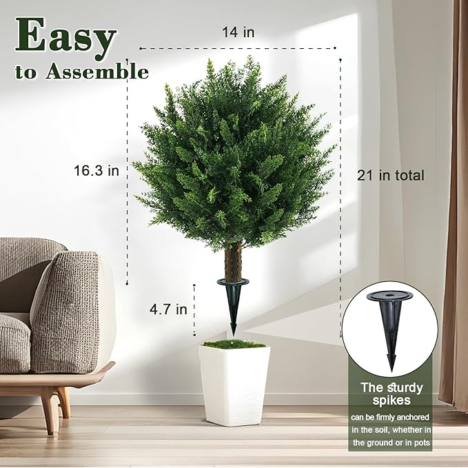 21" Artificial Cypress Topiary Outdoor Plants with Spike, 4 Pack Faux Cedar Bushes UV Resistant Fake Shrubs for Front Porch Décor