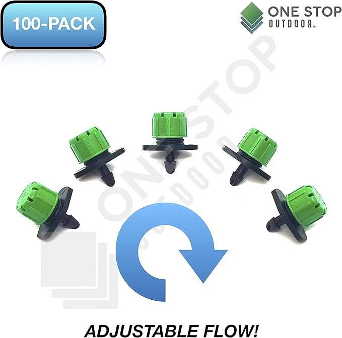 (100-PACK) - 360 Degree 1/4" Inch Universal Barbed Drip Emitter - Adjustable Flow 0-18.5 GPH Fit 1/4 (4-7mm) Drip Irrigation Tubing - Professional Grade Drippers for Drip Irrigation