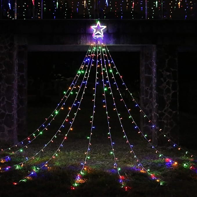 Toodour Christmas Decorations Outdoor Star Lights, 317 LED 10ft X 9 Waterfall Tree Lights with 12" Topper Star, 8 Lighting Modes Outside Christmas Lights for Yard Garden Holiday Decor (Multicolor)