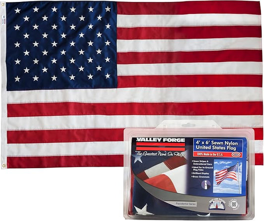 American Flag - 100% Made in the USA - 4' x 6' ft - Perma-Nyl Sewn Nylon with Grommets - Durable, and Patriotic - For Gardens, Homes, Patios and Cars – By Valley Forge Flag