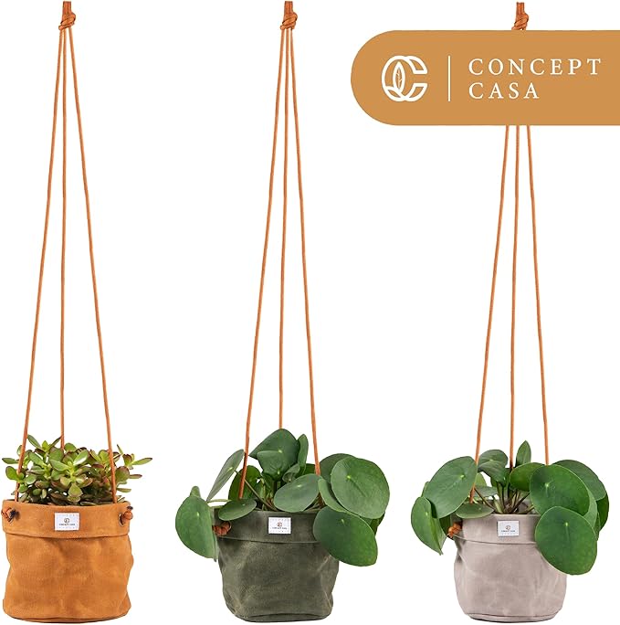 Large Waxed Canvas Handmade Hanging Planter for Indoor/Outdoor Plants, Hanging Basket Plant Holder Stone Gray