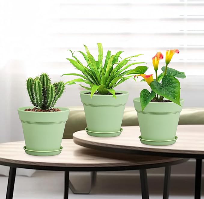 4 inch Small Plastic Nursery Pots, Seedling Pots - 16 Pack Plant Pots for Indoor & Outdoor Plants, Decorative Flower Pots with Drainage Holes and Saucers for House Plants, Green