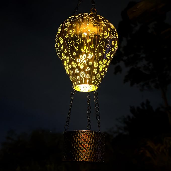 2-Pack Bee Decor Hot Air Balloon Solar Lantern – Outside Decorative Hanging Light for Garden Yard Patio Porch Lawn and Pathway – Unique Housewarming, Birthday Gift for Women Mom Grandma