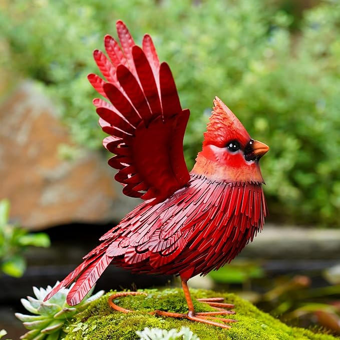 Nacome Cardinal Garden Decor Metal Yard: Art Outdoor Sculptures & Statues Large Red Bird Ornaments for Patio Balcony Front Backyard - Gifts for Grandma Mom