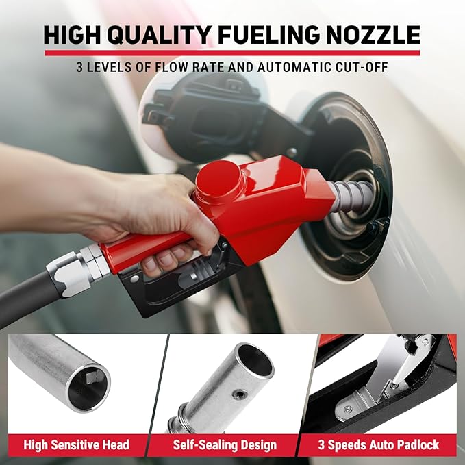 Fuel Hose Reel 1" x 50FT Extra Long Retractable Diesel Reel 300 PSI Auto Swivel Rewind Diesel Hose Reel with Fueling Nozzle Industrial Carbon Steel for Vehicle Tank Truck Trailer Ship, Red
