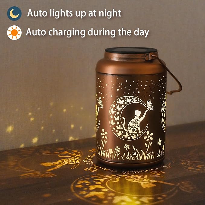 Solar Lanterns Outdoor Waterproof - Cat Garden Decor Birthday Gifts for Women Mom Grandma Hanging Solars Lights Metal Solar Lantern for Outside, Patio, Outdoor, Yard, Backyard, Porch