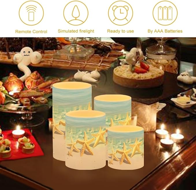 Flameless Candles Battery Powered LED Candle with Remote Timer Color Changing Control Set of 4 for Indoor Outdoor Beach Wedding Coastal Home Decorations, Beach Starfish Blue Sea