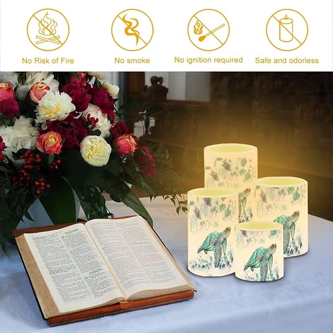 Flameless LED Candles Electric Candle Set with Remote Timer Color Changing Control Long Lasting for Table Centerpiece Home Indoor Decoration Pack of 4, Blue Sea Turtle