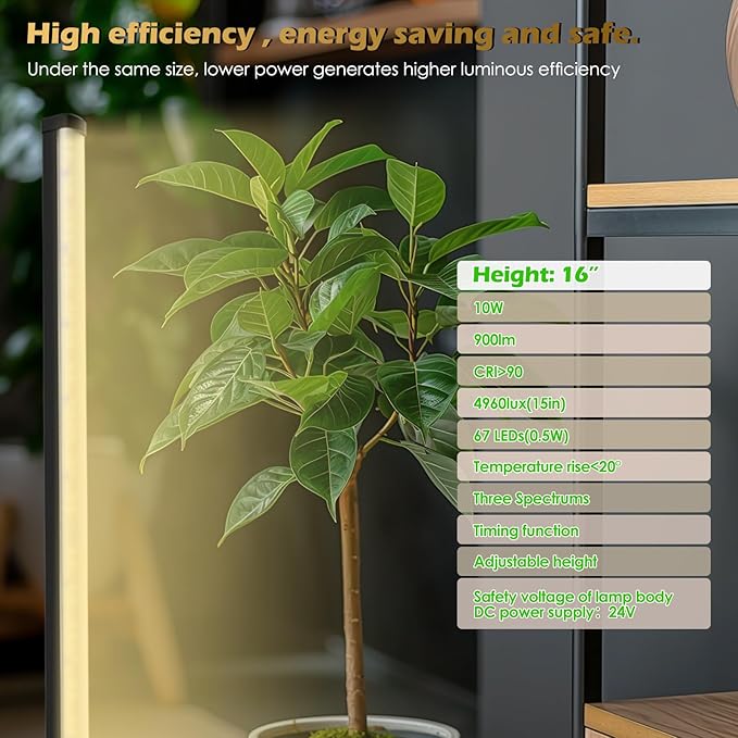 GLOWRIUM Standing Grow Light with Auto-Timer, 10W Hanging and Vertical Grow Lights for Indoor Plants,3 Light Modes,67 LEDs,Full Spectrum Plant Lights for Wide Area Coverage in Indoor Plants (15 in)