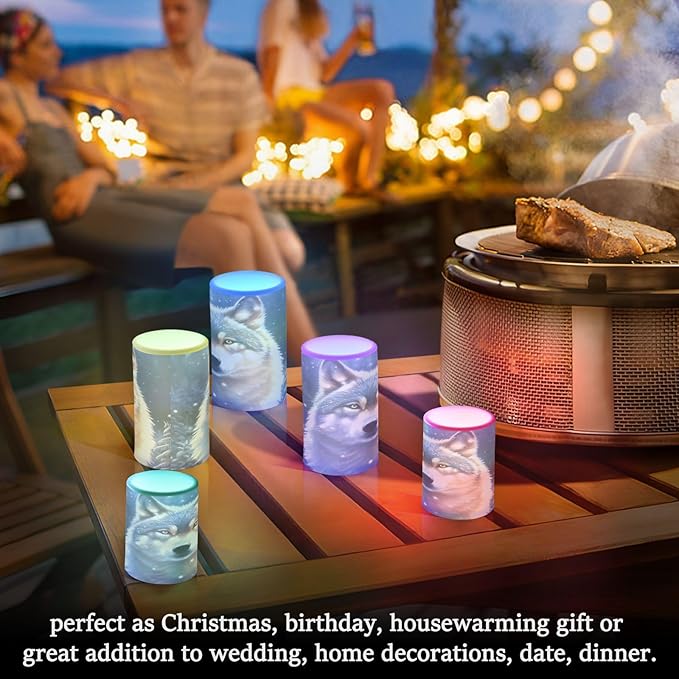 Flickering Flameless Candles, Wolf Snowy LED Candles with Remote Timer, Set of 2 Battery Operated Candle for Valentine Wedding Birthday