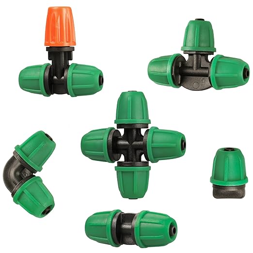 Drip Irrigation Fittings Kit for 1/4" Tubing, 65 Pcs Drip Line Lock Barbed Connectors for Drip Systems - 18 Couplings, 15 Tees, 12 End Caps,1 0 Elbows, 5 Cross Connectors, 5 Misters Nozzles