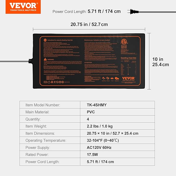 VEVOR 4 Pack Seedling Heat Mat 10"x 20.75", MET-Certified Warm Hydroponic Plant Heating Pad for Seed Starting, Waterproof Heating Mats for Germination, Indoor Gardening, Greenhouse