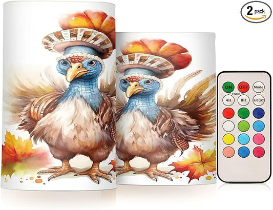 Flickering Flameless Candles, Cute Turkey Thanksgiving Pumpkin LED Candles with Remote Timer, Set of 2 Battery Operated Candle for Valentine Wedding Birthday