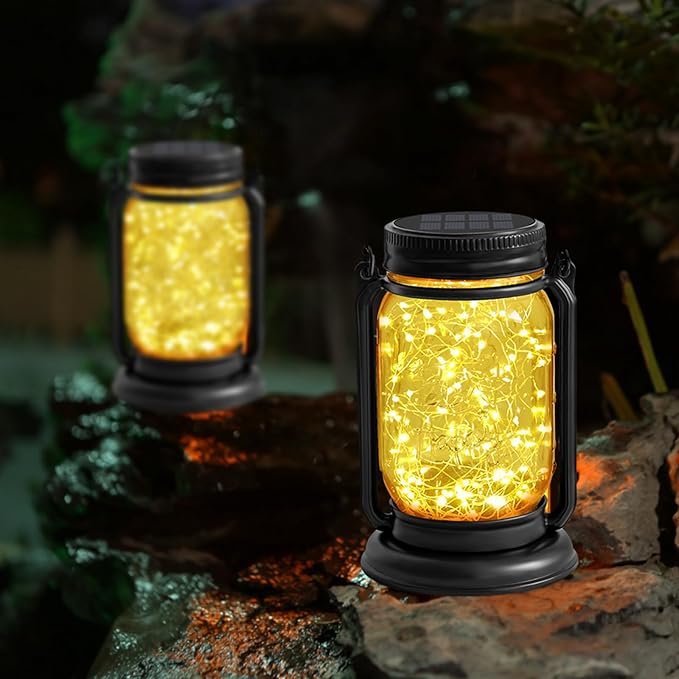 4 Pack Hanging Solar Lantern Lights,Vintage Glass Mason Jar Solar Fairy Lights, Mothers Day Gifts for Woman Mom Grandmom,Outdoor Decorative Waterproof Table Lamp with Stakes for Patio Yard Lawn Tree