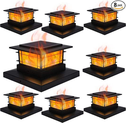 Dynaming 8 Pack Solar Flame Post Lights Outdoor, Solar Powered Fence Post Cap Lights, High Brightness Flickering Flame SMD LED Lighting Decor for Garden Deck Patio, 4x4, 5x5 or 6x6 Vinyl/Wooden Posts