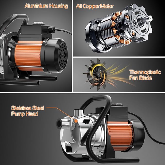 1.5 HP Portable Water Transfer Pump 1500 GPH Shallow Well Pump Garden Booster Sprinkler Pumps for Irrigation Lawn Farm Water Removal with Adapters, Orange