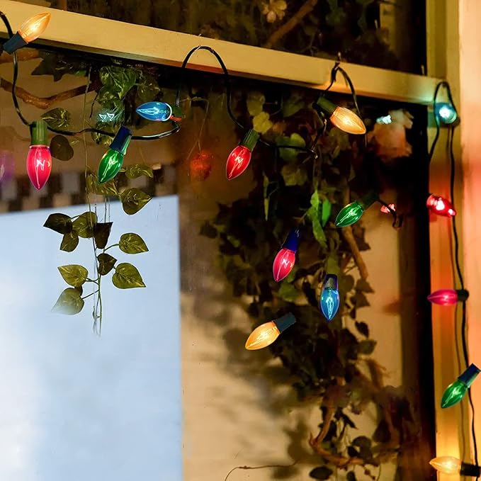 25 FT C9 Clear Multicolor Christmas String Light Outddor,Vintage C9 Christmas Lights with 26 Edison Bulbs(1 Spare), C9/ E17 Base,Multicolor Lights for Christmas Party Backyard Wedding Decor