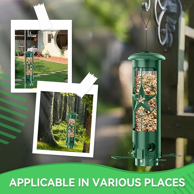 Squirrel Proof Bird Feeders for Outdoors Hanging, Metal Squirrel Proof Bird Feeder with Gravity Protection, 3LB Large Capacity Wild Bird Feeders for Outside Finch, Cardinal, Blue Jay (Green)