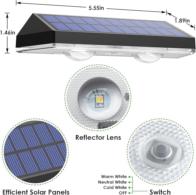 Solar Fence Lights Outdoor - 2700/4000/6000K 3 Mode, IP65 Waterproof Fence Solar Lights Outdoor, Fence Light Solar Powered for Outside, Backyard/Railing/Step/Patio/Stair Railings and Wall (8 pack)