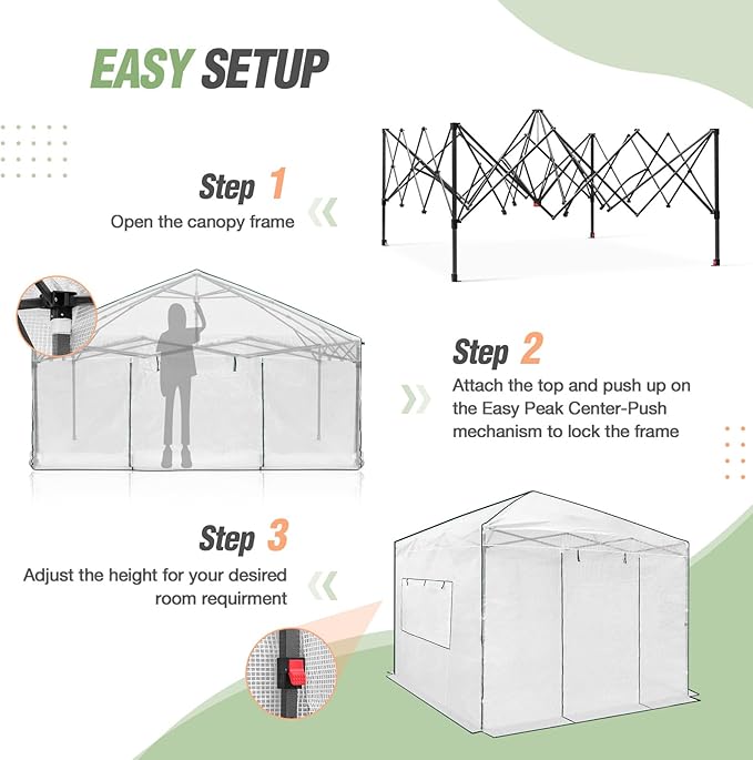 EAGLE PEAK 10x10 Portable Walk-in Greenhouse, Pop-up Indoor Outdoor Garden Green House, Zippered Doors and Windows, PE Cover, White