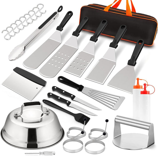 Griddle Accessories Kit of 20, HaSteeL Heavy Duty Metal Spatula Set, Stainless Steel Teppanyaki Tools for Flat Top, Barbecue Grilling Indoor & Outdoor, Melting Dome, Burger Turner, Dishwasher Safe