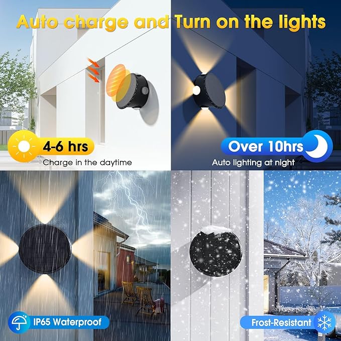Outdoor Wall Lights - 4 LED Solar Lights for Outside - IP65 Waterproof-RGB Multicolor - Auto On/Off - 1200mAh Battery, Use on The Fence, Patio, Yard, Garden, Porch&More 2 Pack (White Color)