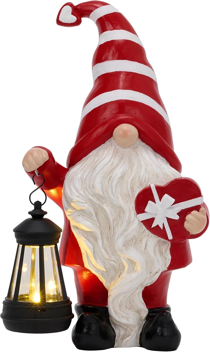 TERESA'S COLLECTIONS Garden Gnome Decorations for Outside, Resin Gnomes Holding Heart-Shaped Gift Box and Solar Lantern, Outdoor Decor for Mom, Wife and Women, 12"