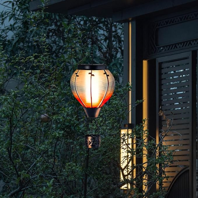 Starsoul 2 PC Blue Hot Air Balloon Solar Lantern Glass Solar Hot Air Balloon Flickering Flame Hanging Garden Light Waterproof Garden Yard Farmhouse Decor